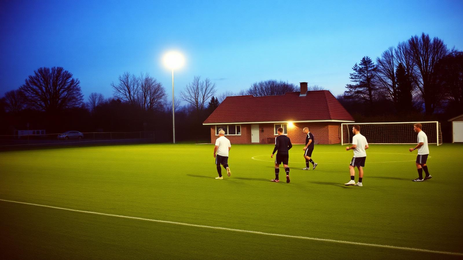 Voetballers trainen op een grasveld onder lichtmasten bij een laag clubgebouw