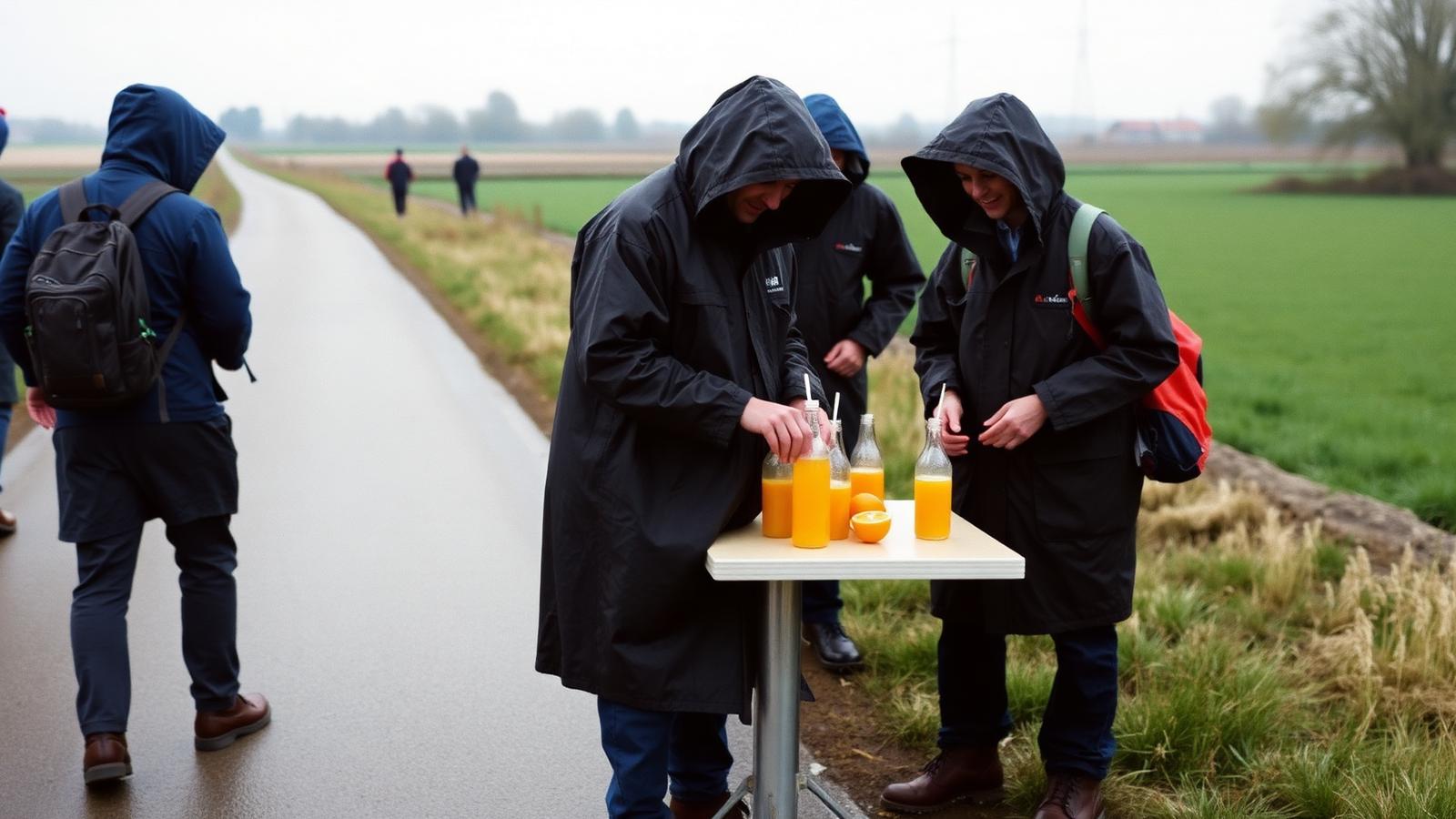 Vrijwilligers in regenjassen richten een drankentafel in langs een landweg